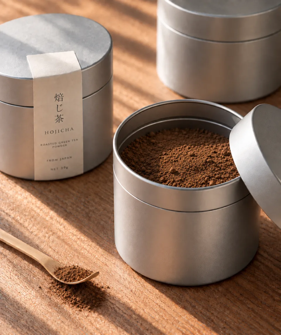 Silver tins of roasted hojicha powder on a wooden table