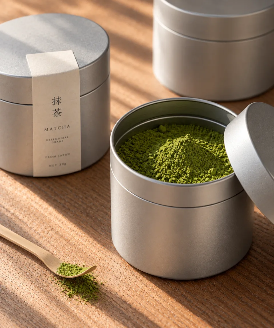 Silver tins of ceremonial matcha with a bamboo scoop