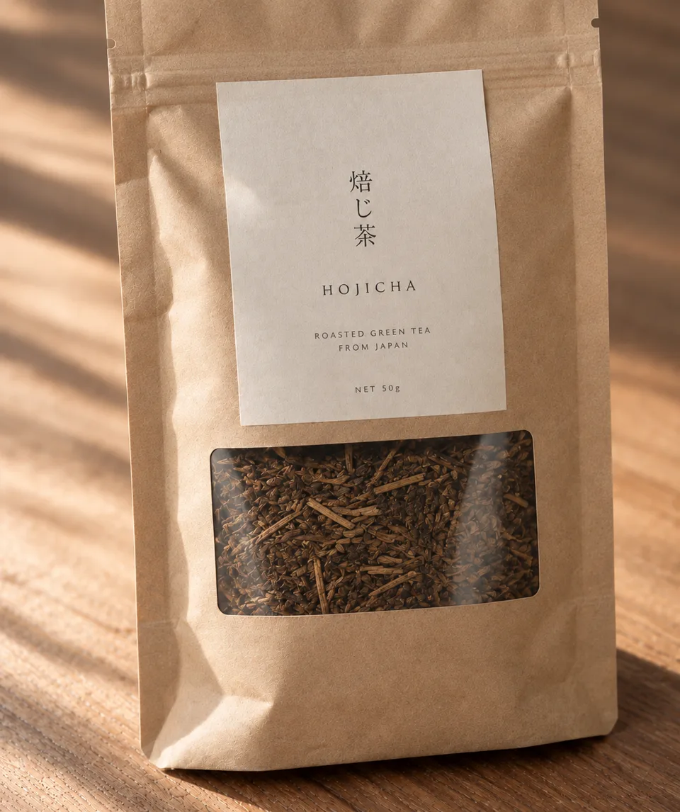 Kraft pouch of loose-leaf hojicha tea